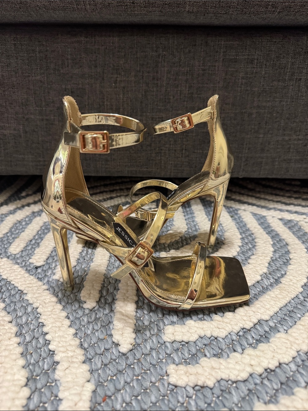 Jessica Rich Gold Metallic Strappy Stiletto Heels Square Toe Sandals Size 36